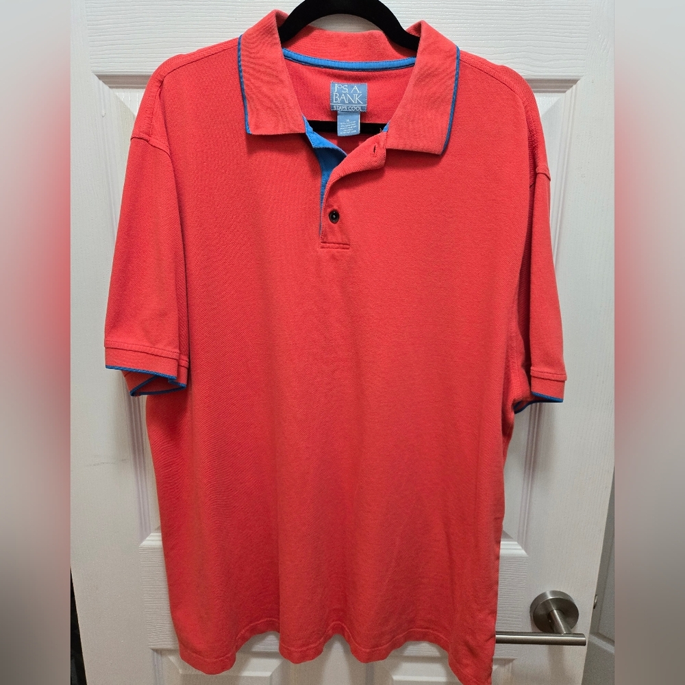 Jos A Bank Men's  Polo Shirt, Coral with Violet Trim, Size XL